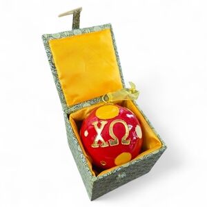 Kitty Keller Chi Omega Cloisonné Ornament Red/Gold Polka Dot Greek Licensed